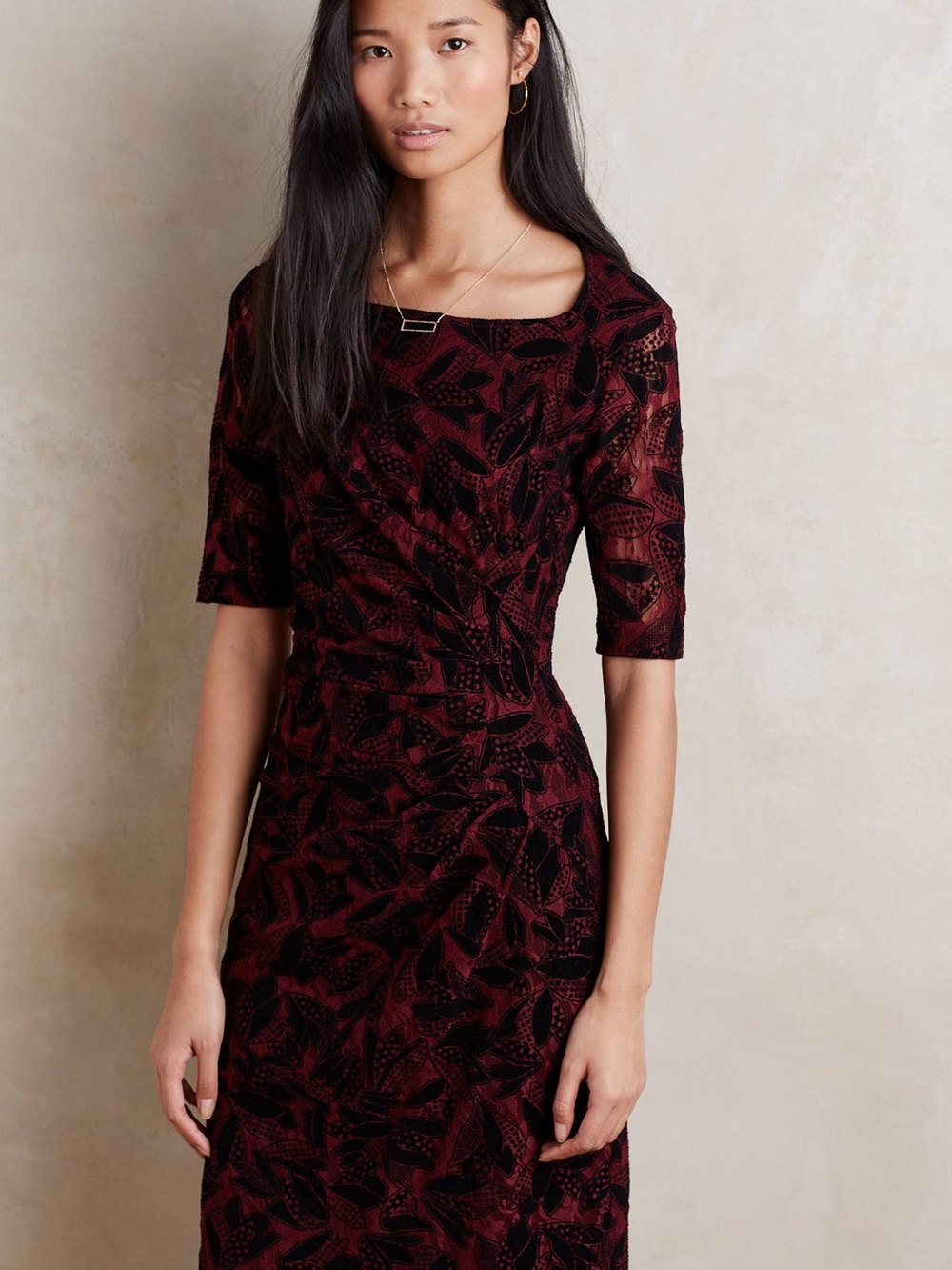 Maeve Anthropologie Dress Size 0P Burgundy Black Lace Floral Sheath Bodycon